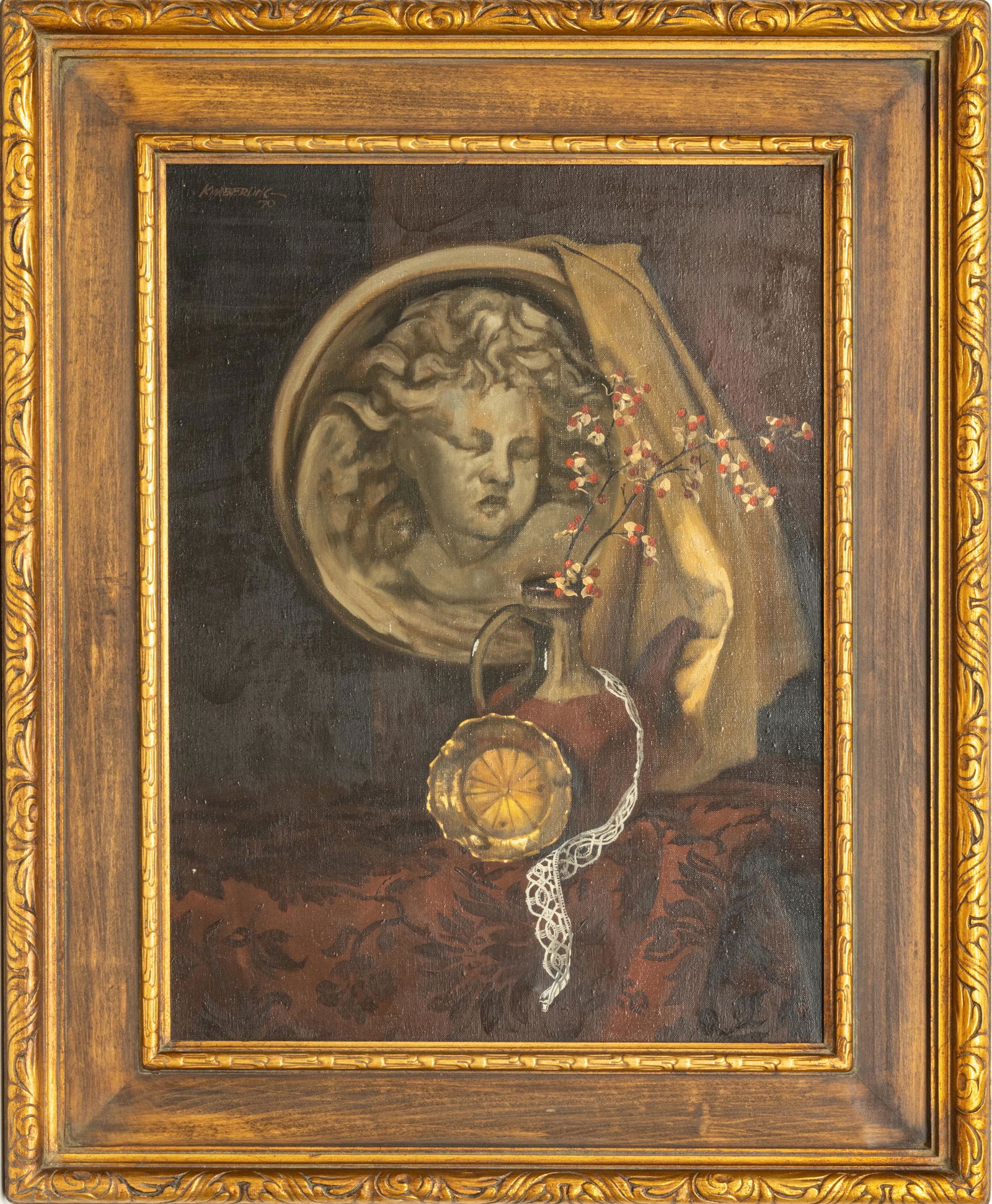 BRUCE KIMBERLING, USA 1921 - 93, OIL ON CANVAS, C 1960 H 24" W 18" STILL LIFE, CHERUB (1 of 5)