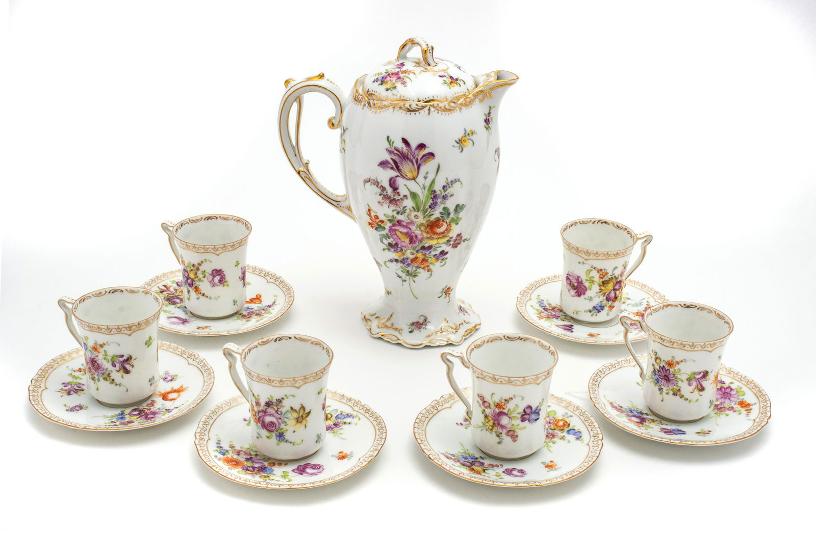 DRESDEN PORCELAIN CHOCOLATE SET, HAND PAINTED C 1900 13 PCS. (1 of 4)
