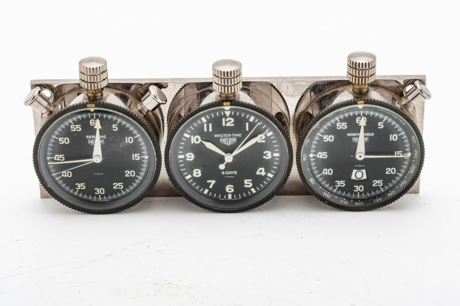 HEUER SET OF THREE DASH-MOUNTED TIMERS H 2 7/8" L 6 3/4" SEBRING, MASTER-TIME, AND MONTE-CARLO (1 of 11)
