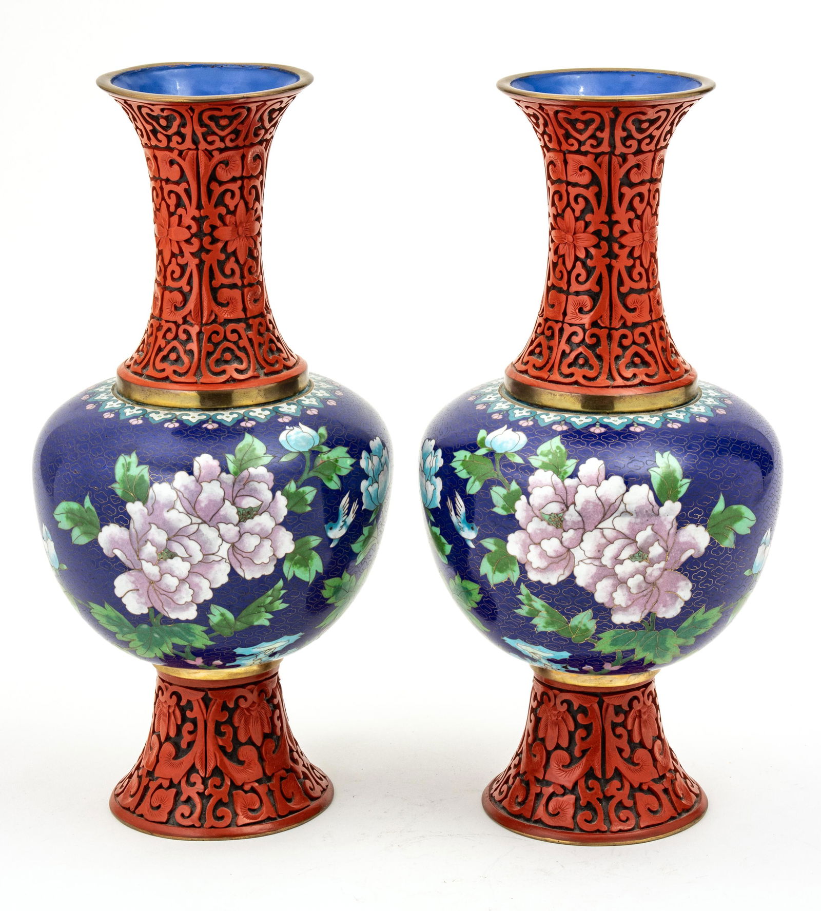 CHINESE CLOISONEE AND CINNEBAR VASES, C 1970 PAIR H 15.5" (1 of 3)