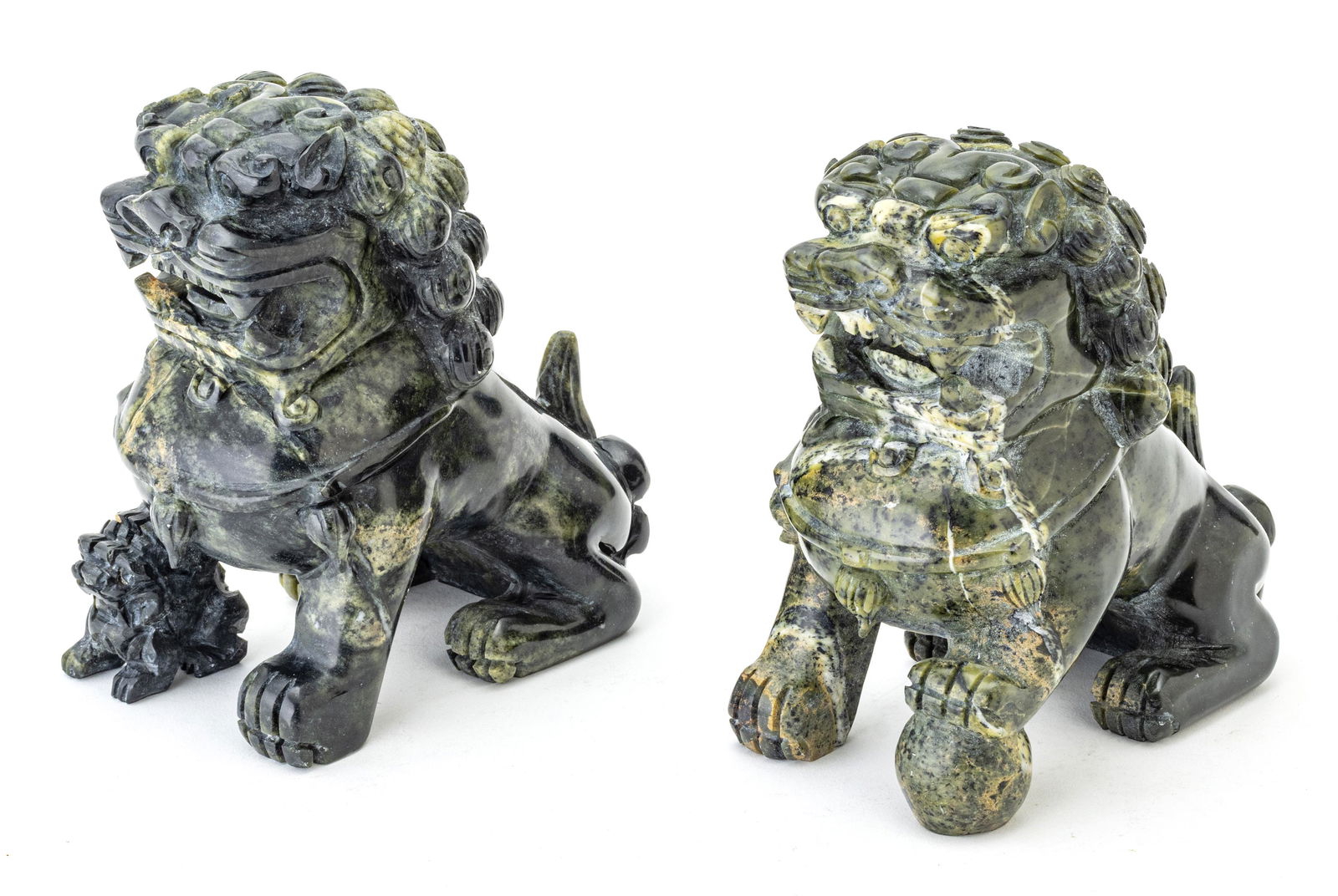CHINESE GREEN HARDSTONE FOO DOGS C 1950 PAIR H 6.5" D 6" (1 of 7)
