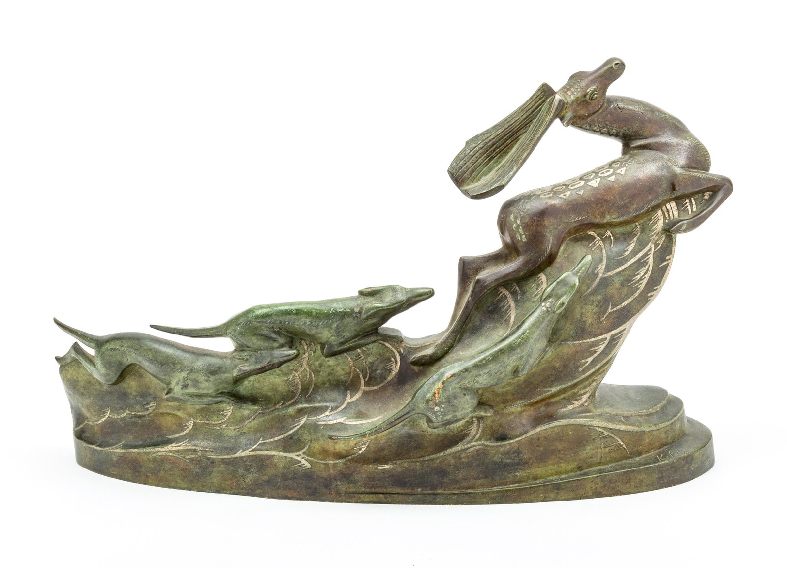 ALEXANDRE KELETY (HUNGARIAN 1874-1940) BRONZE STAG H 12" L 20"6" "THE CHASE": ALEXANDRE KELETY (HUNGARIAN 1874-1940) BRONZE STAG H 12" L 20"6" "THE CHASE" Leaping stag chased by three hunting dogs, in a green patina accented with silver accents. Signed on base and stamped Made 