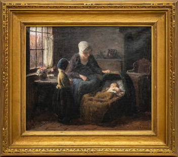 BERNARD POTHAST (DUTCH 1882-66), OIL ON CANVAS, H 20", W 24", INTERIOR GENRE SCENE WITH MOTHER &: BERNARD POTHAST (DUTCH 1882-66), OIL ON CANVAS, H 20", W 24", INTERIOR GENRE SCENE WITH MOTHER & CHILDREN Signed lower right. Original period frame: 28" x 33". From a Grosse Pointe Farms collector.