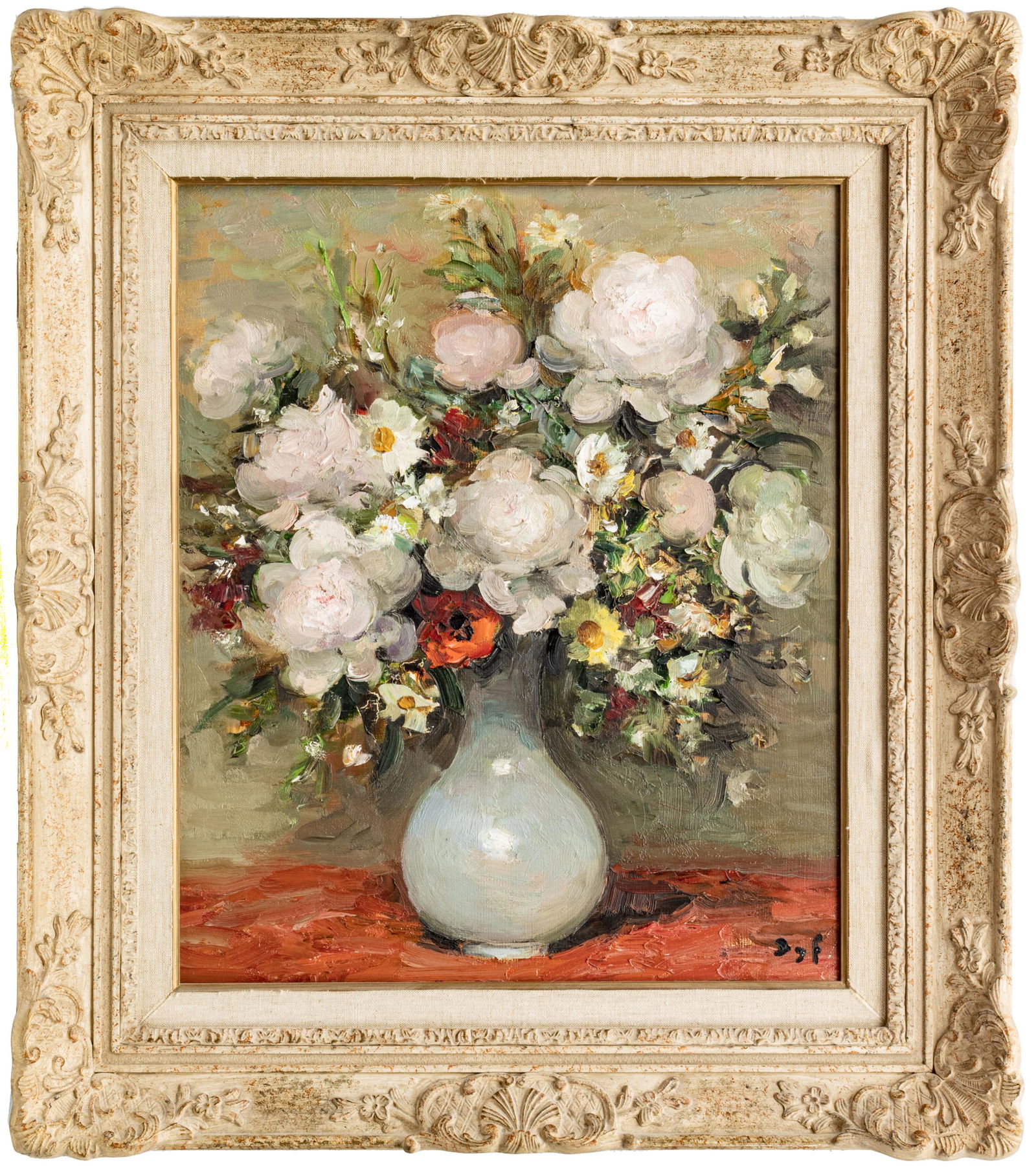 MARCEL DYF, B PARIS 1899 - 85, OIL ON CANVAS, H 22" W 18" PEONIES IN CERAMIC VASE: MARCEL DYF, B PARIS 1899 - 85, OIL ON CANVAS, H 22" W 18" PEONIES IN CERAMIC VASE Signed lower right. Frame 30" x 26".From a private collection, Lakecrest Lane, Grosse Pointe Farms, Mi.
