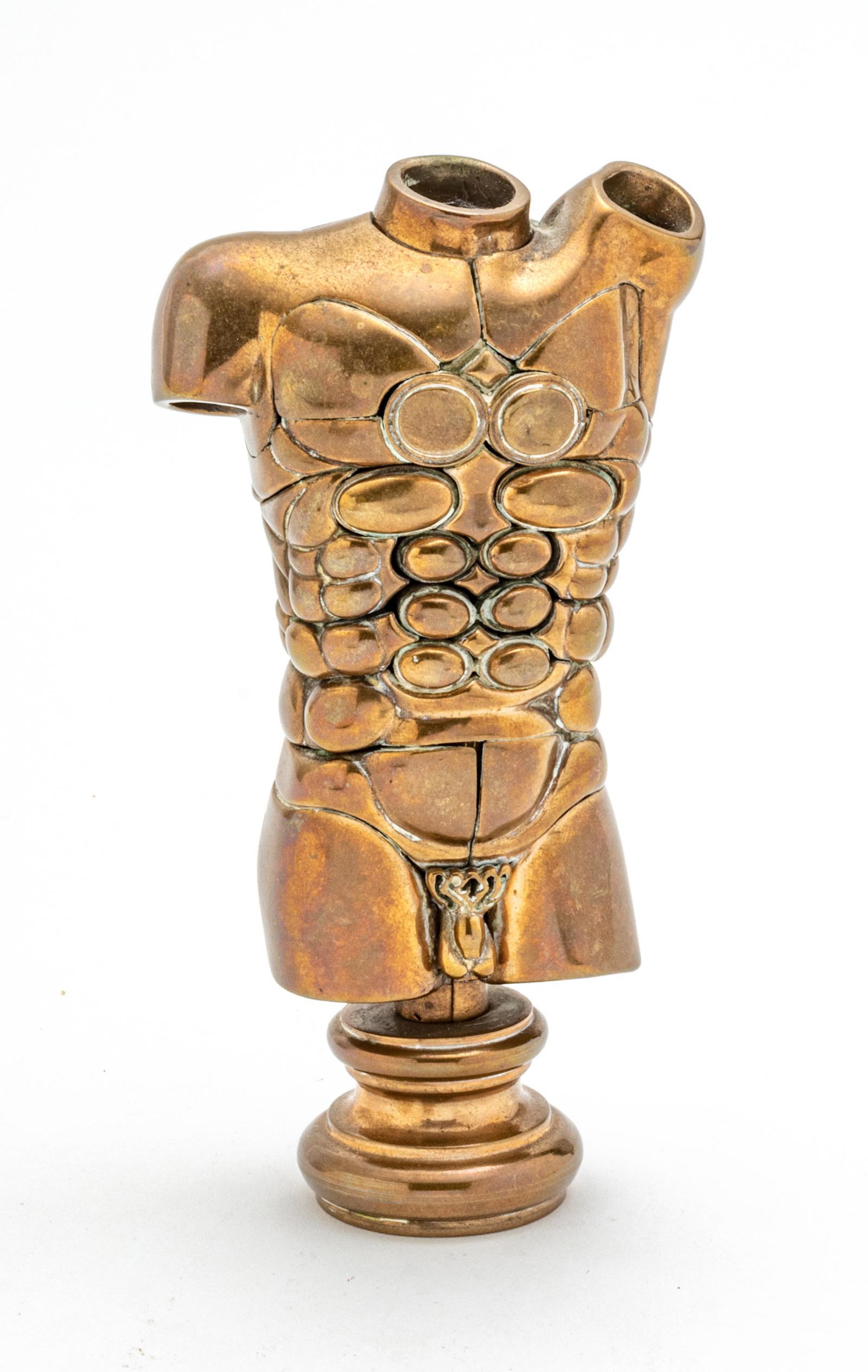 MIGUEL ORTIZ BERROCAL (SPAIN 1933-2006) BRASS PUZZLE SCULPTURE, H 5.5", "ALEXANDRE": MIGUEL ORTIZ BERROCAL (SPAIN 1933-2006) BRASS PUZZLE SCULPTURE, H 5.5", "ALEXANDRE" A polished brass puzzle sculpture titled "Alexandre" by Miguel Ortiz Berrocal. Presented in an acrylic box (H 4" x W