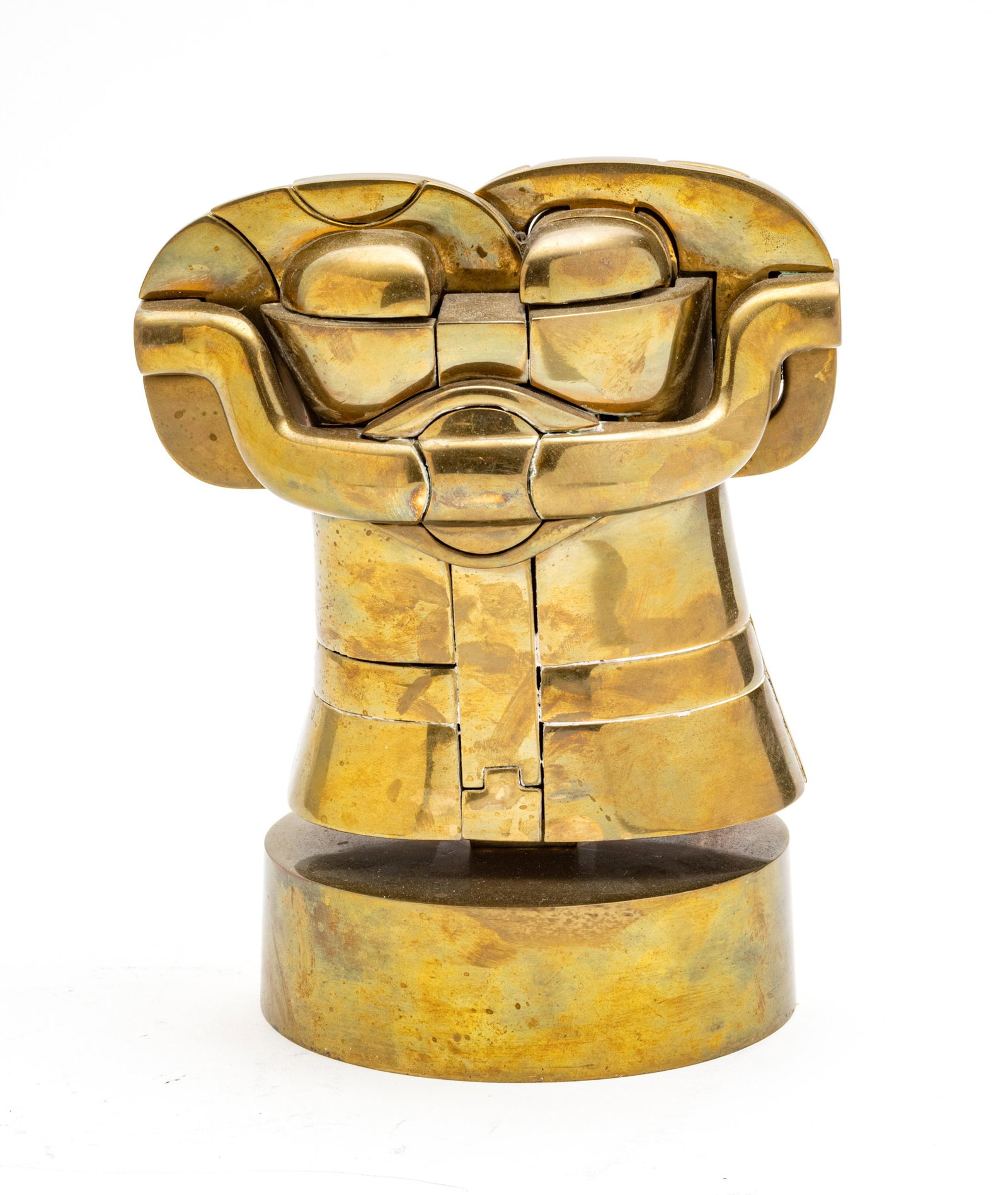 MIGUEL ORTIZ BERROCAL (SPAIN 1933-2006) BRASS PUZZLE SCULPTURE, C. 1977, H 7.75", "PORTRAIT OF: MIGUEL ORTIZ BERROCAL (SPAIN 1933-2006) BRASS PUZZLE SCULPTURE, C. 1977, H 7.75", "PORTRAIT OF ARCUMBOIDO" A polished brass puzzle sculpture titled "Portrait of Arcumboido" by Miguel Ortiz Berrocal. W