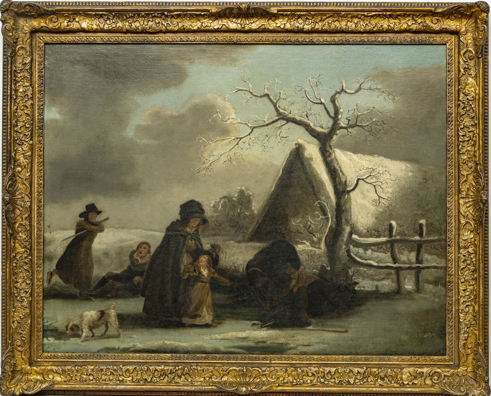 18TH C. ENGLISH OIL ON CANVAS H 28" W 36" THE SKATING PARTY: 18TH C. ENGLISH OIL ON CANVAS H 28" W 36" THE SKATING PARTY In the style of George Moorland. Unsigned. Depicting a chaotic, yet touching, scene of people of varied abilities skating on a frozen lake.