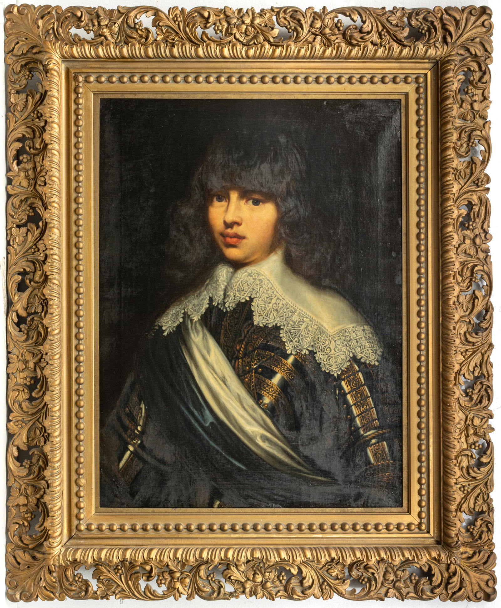 AFTER JUSTUS SUSTERMANS OIL ON CANVAS 1880, H 28" W 22" PORTRAIT OF PRINCE WALDEMAR CHRISTIAN OF: AFTER JUSTUS SUSTERMANS OIL ON CANVAS 1880, H 28" W 22" PORTRAIT OF PRINCE WALDEMAR CHRISTIAN OF DENMARK (1603-1647) Half length, in ceremonial armor, blue and white sash. Shield formed label- REDHEFF