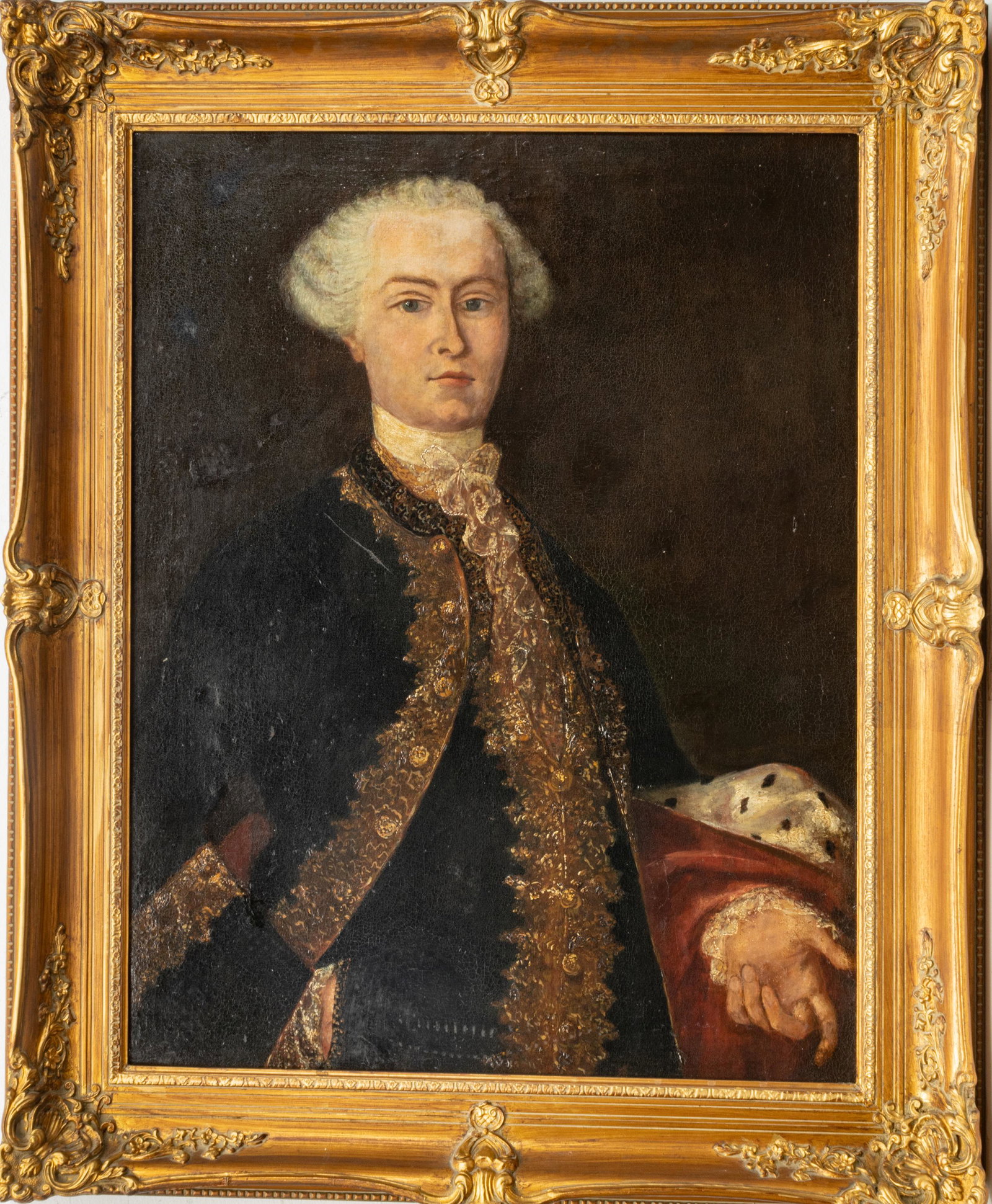 18TH C. ENGLISH OIL ON CANVAS, H 31", W 25.5", PORTRAIT OF GENTLEMAN: 18TH C. ENGLISH OIL ON CANVAS, H 31", W 25.5", PORTRAIT OF GENTLEMAN Half length portrait of gentleman in elaborately gilded wool vest and jacket. 19th c. gilt wood and gesso frame. Provenance: Estate