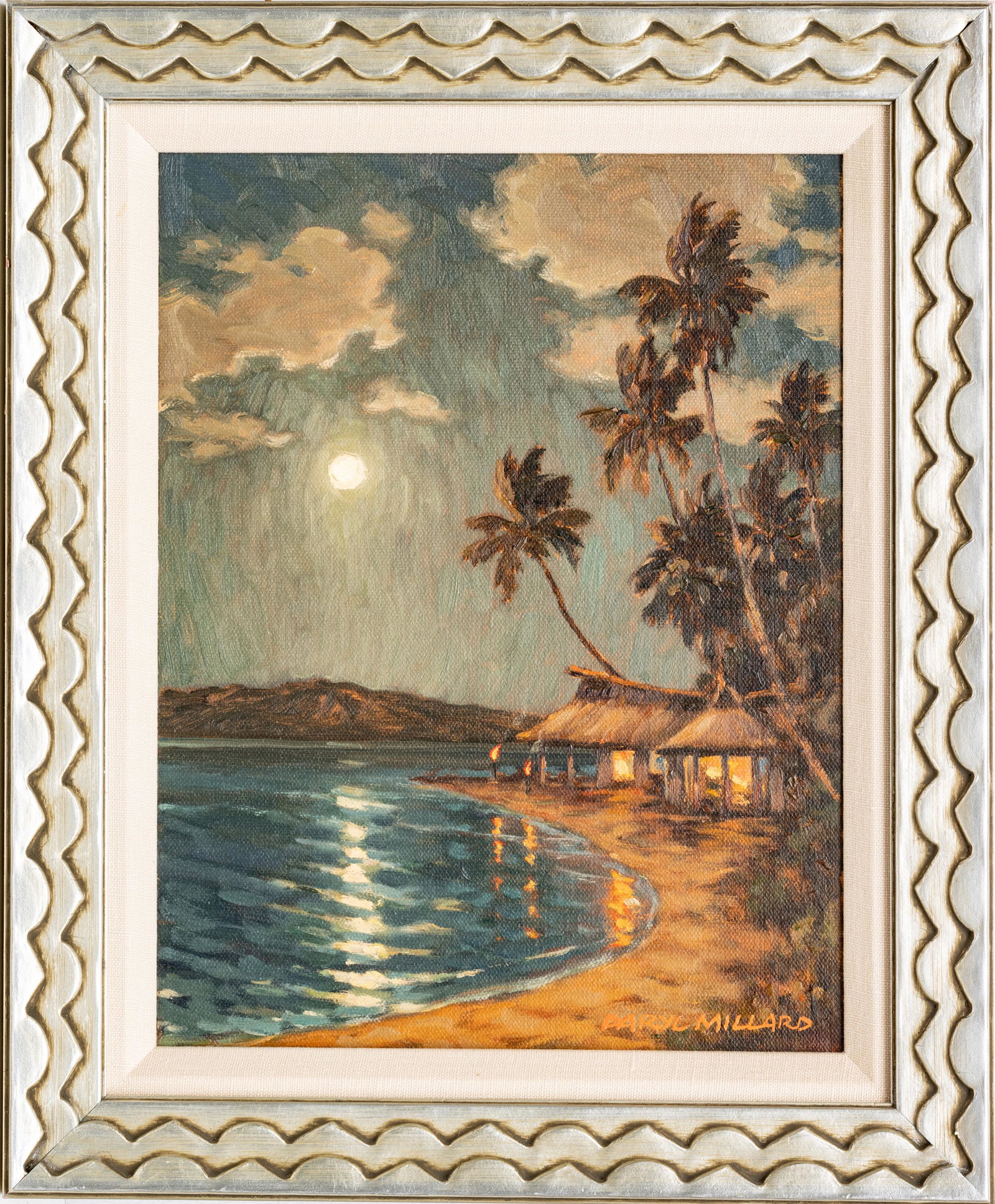 DARYL MILLARD, OIL ON CANVAS, 2012 H 11" W 9" MOON OVER MEYERS BEACH: DARYL MILLARD, OIL ON CANVAS, 2012 H 11" W 9" MOON OVER MEYERS BEACH Carmel Coast. Meyer Memorial State Beaches is made up of three cliff edged "pocket beaches", each more scenic than the next. Signed