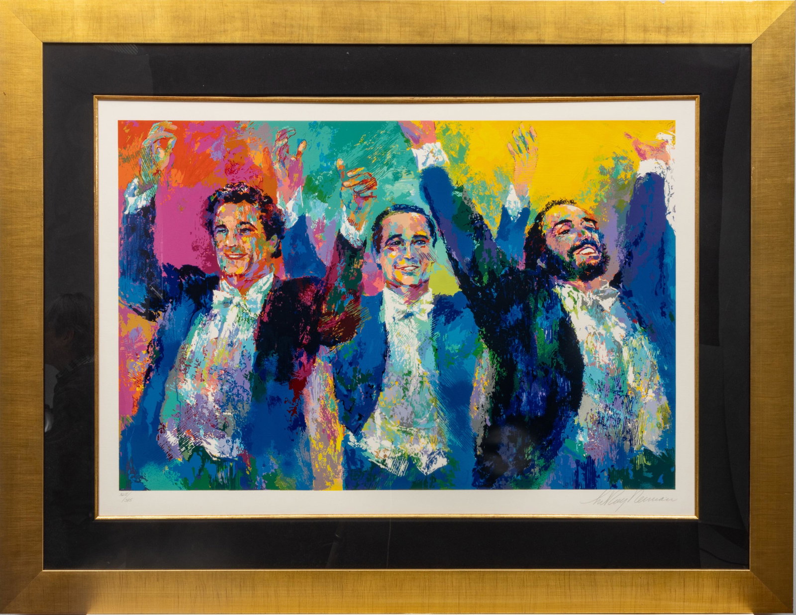 LEROY NEIMAN (AMERICAN, 1921-2012), LITHOGRAPH IN COLORS ON WOVE PAPER, H 26.5", W 38", THREE TENORS: LEROY NEIMAN (AMERICAN, 1921-2012), LITHOGRAPH IN COLORS ON WOVE PAPER, H 26.5", W 38", THREE TENORS Signed lower right and numbered '325/385'. Framed measurements H 44", W 57".