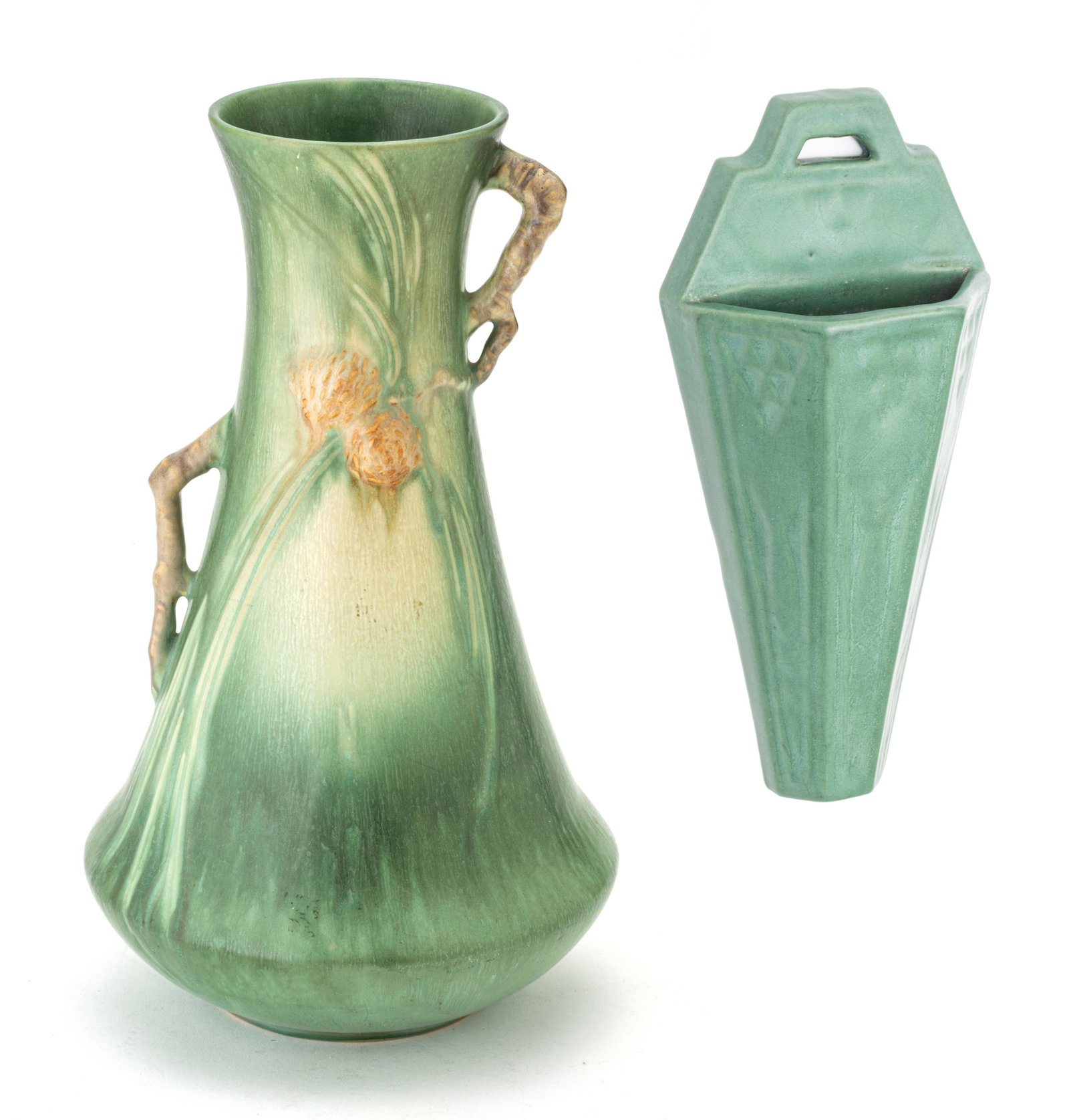 ROSEVILLE 'PINE CONE' VASE & UNMARKED WALL POCKET, 2 PCS., H 10": ROSEVILLE 'PINE CONE' VASE & UNMARKED WALL POCKET, 2 PCS., H 10" Double branch formed handles.