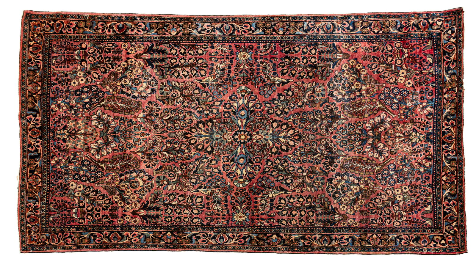 ANTIQUE PERSIAN SAROUK HANDWOVEN WOOL RUG, C. 1920S-30S, W 4', L 6' 8": ANTIQUE PERSIAN SAROUK HANDWOVEN WOOL RUG, C. 1920S-30S, W 4', L 6' 8" Having a red field with extensive floral patterning throughout.