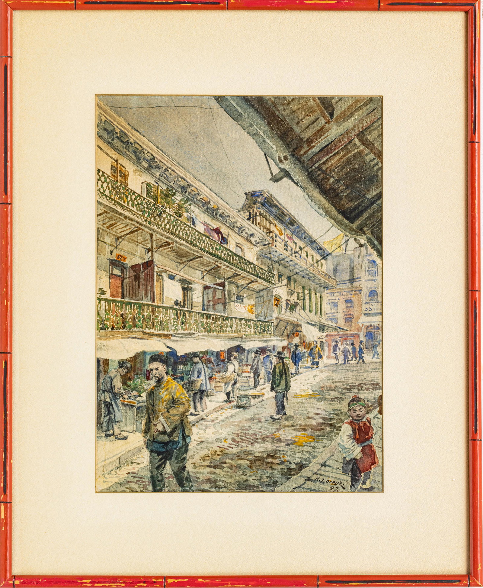 RICHARD LORENZ (GERMAN/AMER., 1858-1915) WATERCOLOR ON PAPER, 1897: RICHARD LORENZ (GERMAN/AMER., 1858-1915) WATERCOLOR ON PAPER, 1897 Depicting a Chinese street scene. Many people, men depicted with queues.