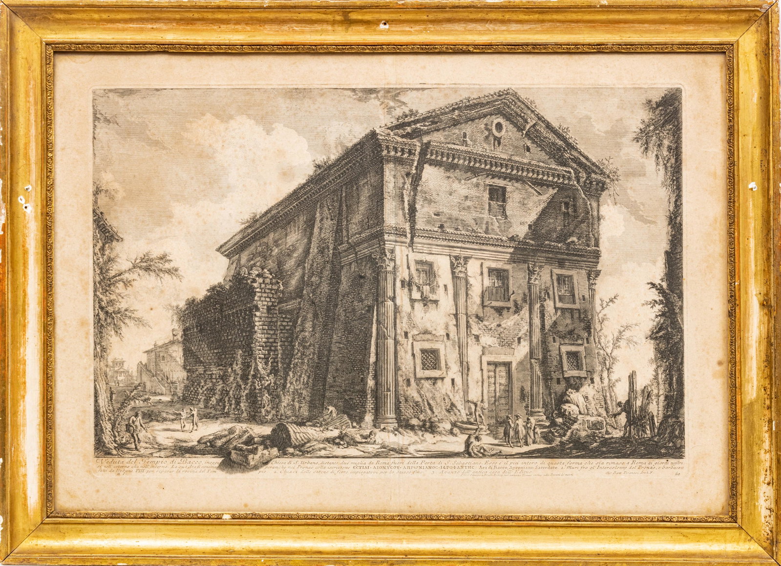 GIOVANNI BATTISTA PIRANESI (ITALIAN 1720-1778) ETCHING ON PAPER, 1758 H 16.125" W 24.5" VIEW OF THE: GIOVANNI BATTISTA PIRANESI (ITALIAN 1720-1778) ETCHING ON PAPER, 1758 H 16.125" W 24.5" VIEW OF THE TEMPLE BACCHUS With indiscernible watermark in the upper and lower right quadrant. Framed Dimensions
