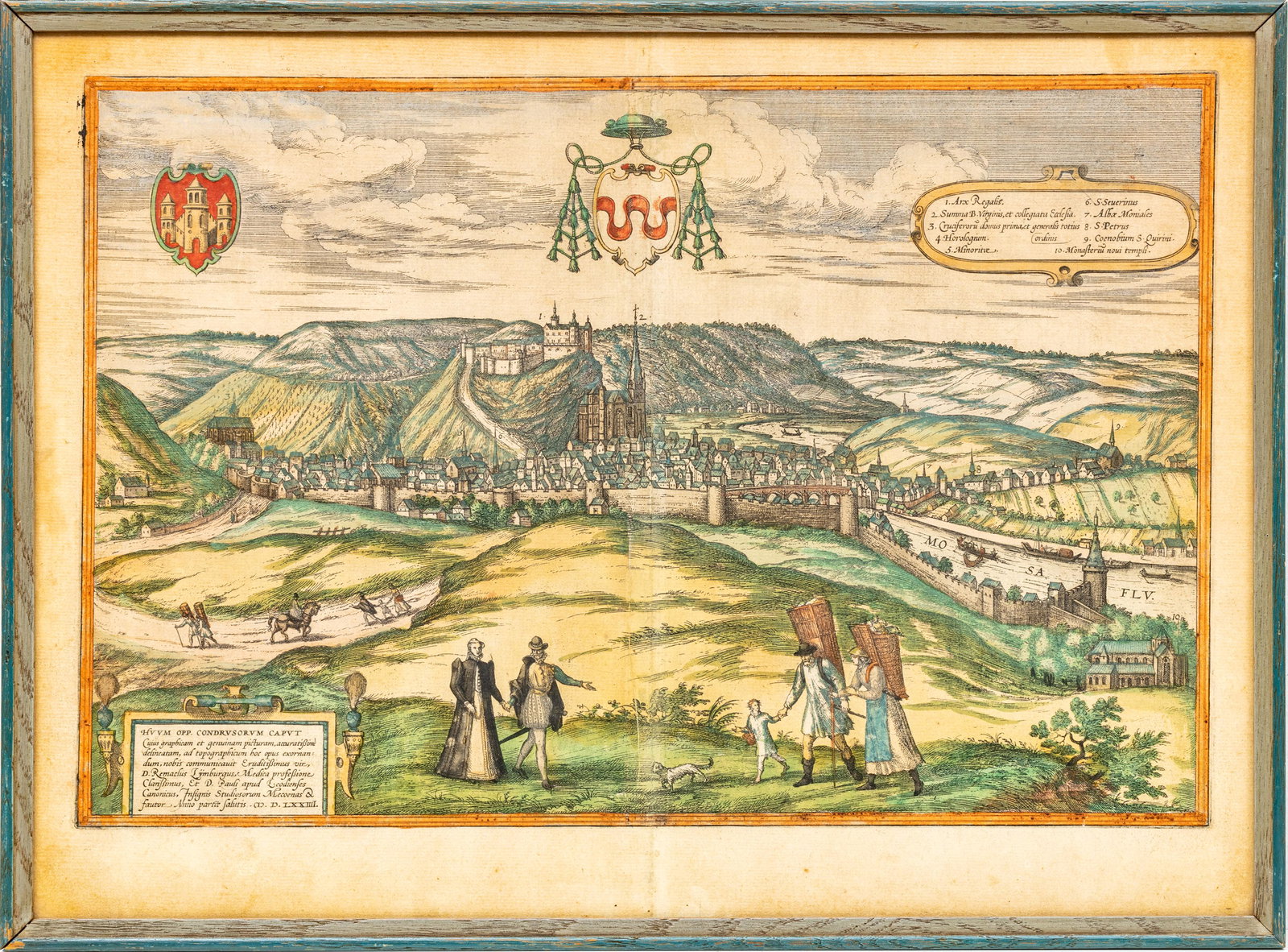 GERMAN PRINT H 12" W 18" CASTLE RIVER SCENE WITH SCHEMATIC: GERMAN PRINT H 12" W 18" CASTLE RIVER SCENE WITH SCHEMATIC Image with fold down the center. Frame 15" x 21". Castle and buildings are numbered to identify. From the Estate of Thomas W. Smith, Yorkshir