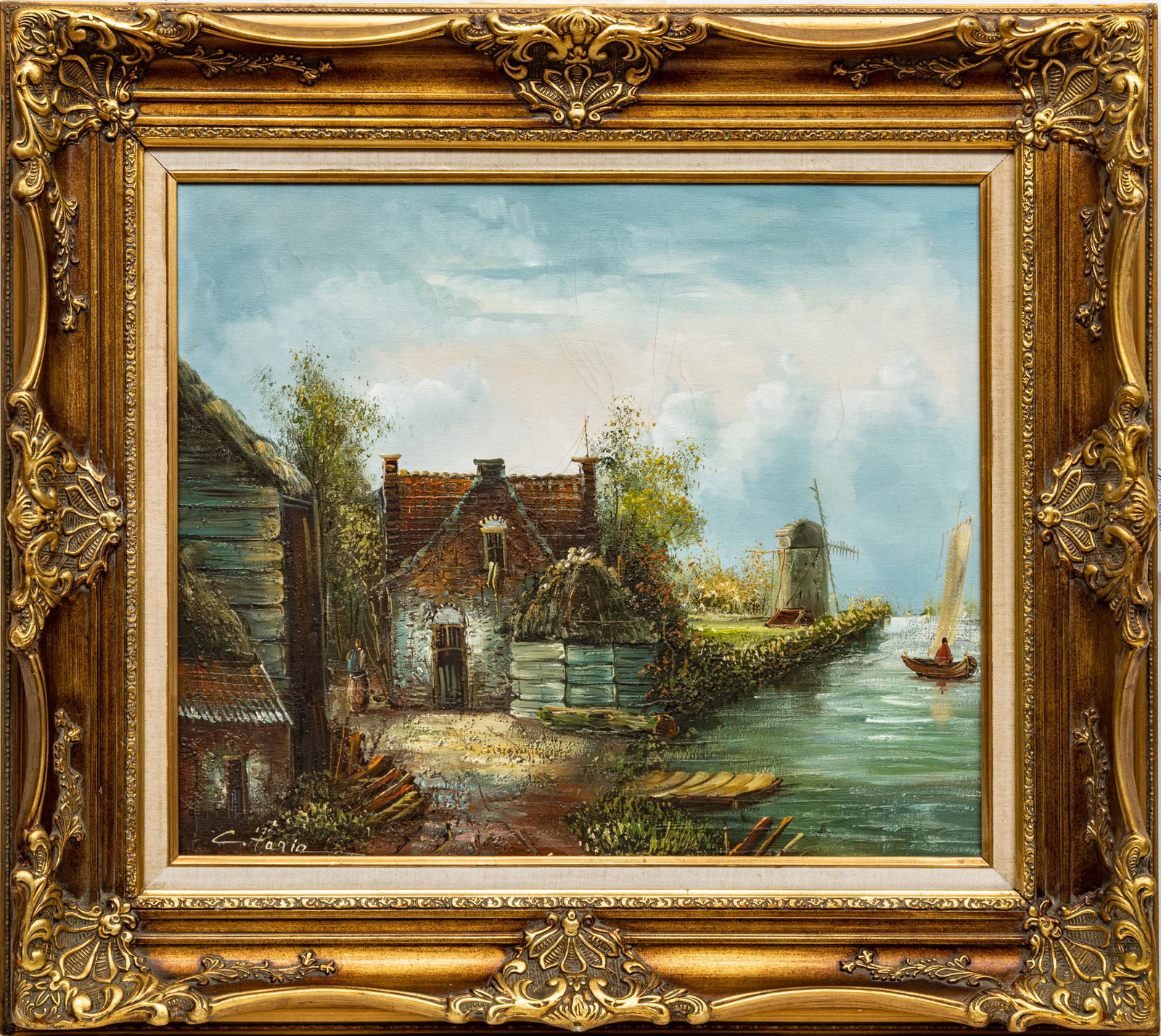 C. PANIO, OIL ON CANVAS, C 1940 H 20" W 24" DUTCH LANDSCAPE: C. PANIO, OIL ON CANVAS, C 1940 H 20" W 24" DUTCH LANDSCAPE Signed. Windmill, cupola, tile roof dwelling.