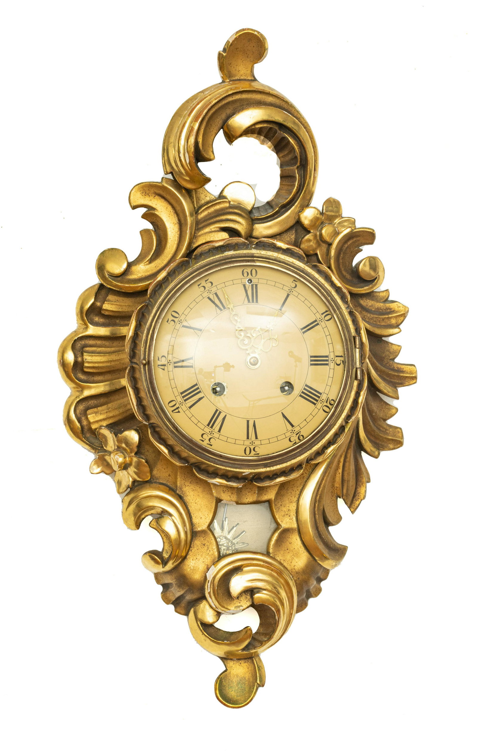 SWEDISH GILT WOOD CARTEL CLOCK H 21" W 12" D 5": SWEDISH GILT WOOD CARTEL CLOCK H 21" W 12" D 5" Carved case by Ljungstroms. Works by Westerstrand. Chimes.Estate of Joan Young, Kalamazoo, Mi.