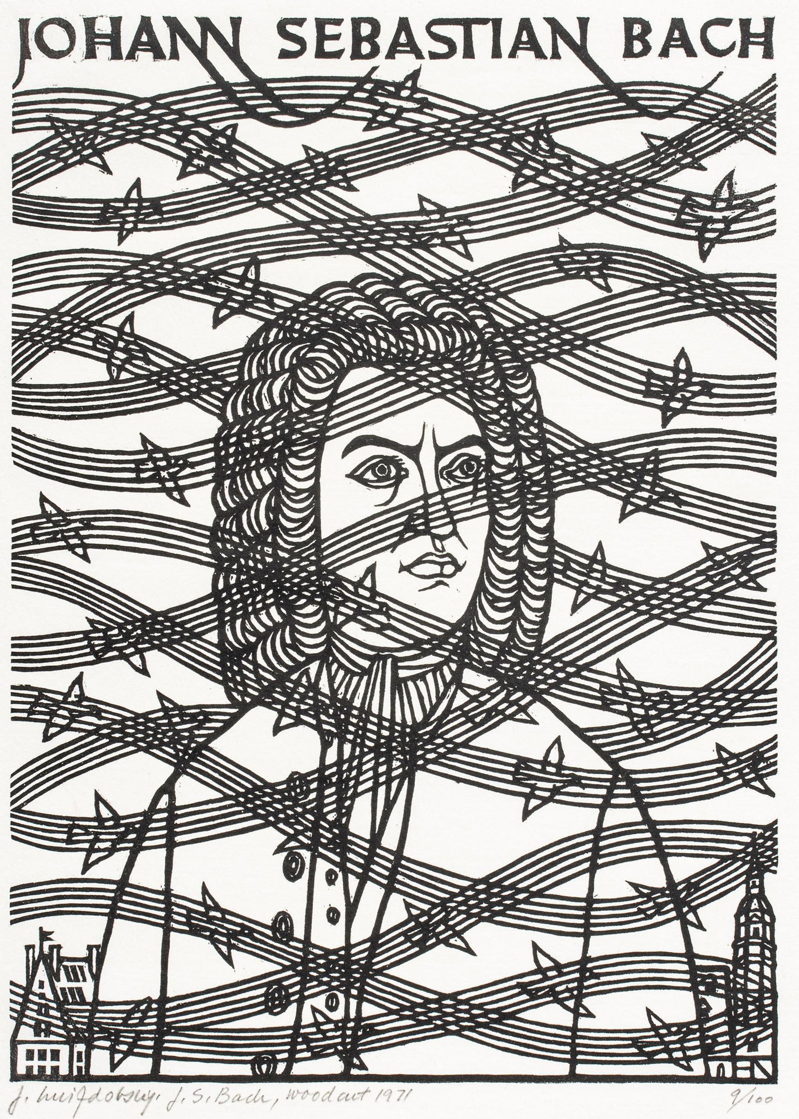 JACQUES HNIZDOVSKY (AMERICAN/UKRAINIAN, 1915-1985) WOODCUT ON PAPER, 1971 JOHANN SEBASTIAN BACH: JACQUES HNIZDOVSKY (AMERICAN/UKRAINIAN, 1915â€“1985) WOODCUT ON PAPER, 1971, H 12.5", W 9", JOHANN SEBASTIAN BACH Signed in pencil, dated and numbered 9/100. Sheet size: H 15.75", W 12.5".