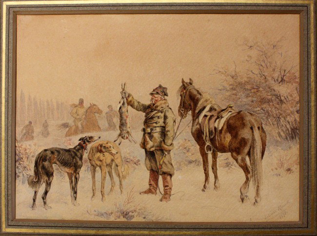 JULIUSZ FORTUNAT VON KOSSAK WATERCOLOR 8" X 11": JULIUSZ FORTUNAT VON KOSSAK (POLISH, 1824-1899), WATERCOLOR, 8" X 11", HUNT SCENE:depicts man holding up rabbit, with Russian Wolf hounds and horse; signed: 'Juliusz Kossak' and dated 1871 lower right