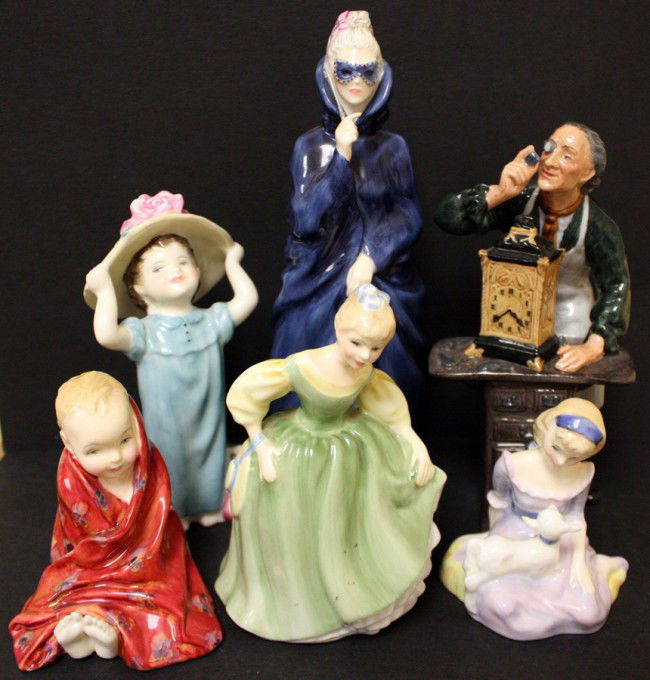 ROYAL DOULTON PORCELAIN FIGURINES, SIX,: ROYAL DOULTON PORCELAIN FIGURINES, SIX, H 3" - 9":Includes "Make Believe HN 2225"; "This Little Pig HN 1793"; "Fair Maiden HN 2291"; "Masque HN 2554"; "The Clock Maker HN 2279"; "Mary Had A Little Lam
