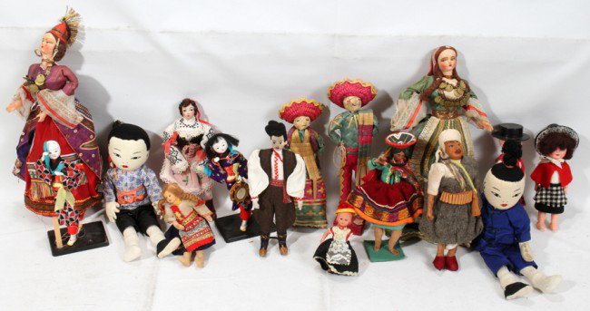 DOLLS FROM FOREIGN LANDS (20), C. 1960: DOLLS FROM FOREIGN LANDS (20), C. 1960:Two Czech 8"; Two Japanese 7"; Two Haiti 9"; Two Taiwan 10"; Two Spanish 12"; Two Scotch 7"; Two Peru 9"; One Brazil, Portugal, Switzerland, etc. Twenty total pl