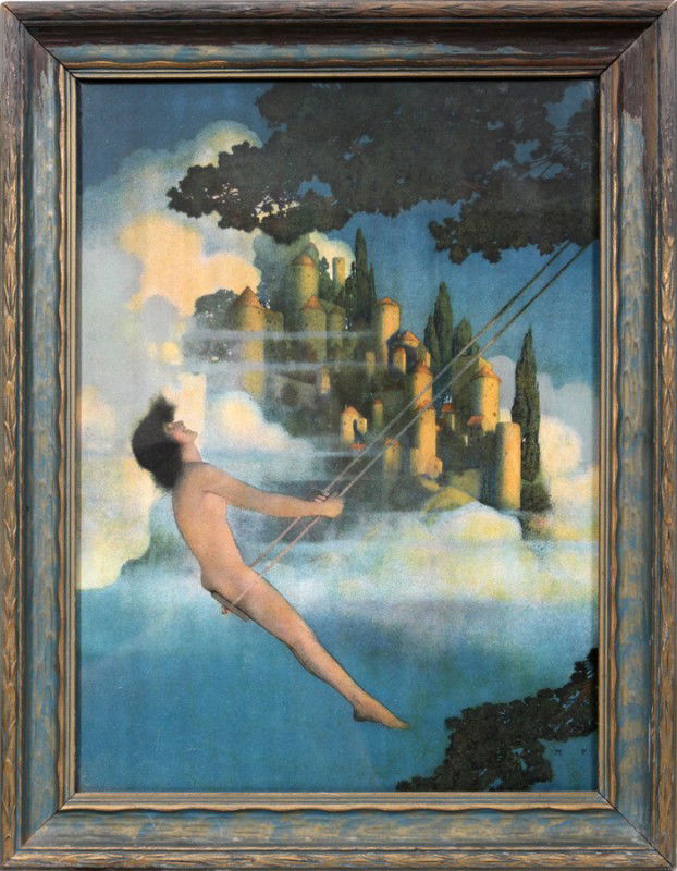 AFTER MAXFIELD PARRISH COLOR CHROMOLITHOGRAPH: AFTER MAXFIELD PARRISH [AMERICAN, 1870-1966], COLOR CHROMOLITHOGRAPH, 14" X 10", "THE DICKEY BIRD":Framed under glass; printed initials lower right; 1920's molding.