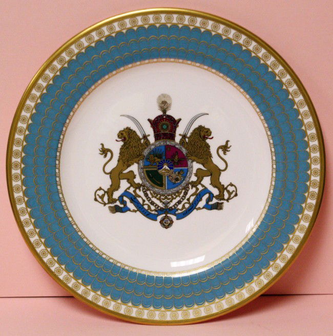 SPODE IMPERIAL PLATE OF PERSIA, COLLECTOR PLATE: SPODE IMPERIAL PLATE OF PERSIA, PORCELAIN COLLECTOR PLATE, DIA 10":Turquoise and gold gilt border with Persian Royal crest in center. 1971 limited edition to commemorate 2500 years of Persian Monarchy