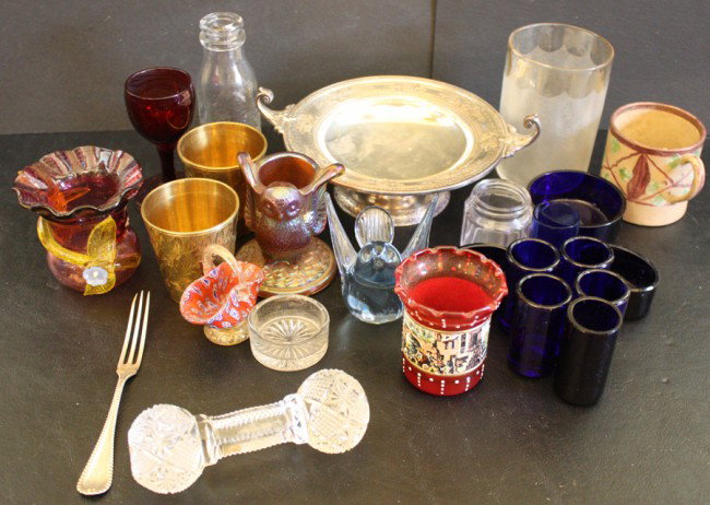 GLASS & SILVER PLATE, CUPS COBALT GLASS, ETC.: GLASS & SILVER PLATE, CUPS COBALT GLASS, ETC., H 1" - 6":Includes Thomas A. Edison glass container, stamped "Edison Battery Oil, Made in USA. Thomas A. Edison, INC. Bloomfield NJ, USA." Wilcox silver 