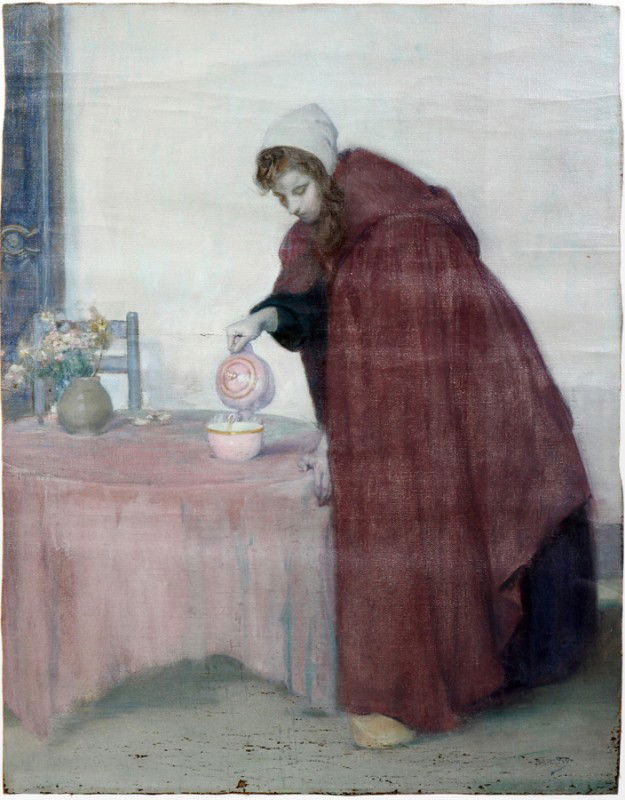 MYRON BARLOW, OIL ON CANVAS, 31" X 25",: MYRON BARLOW, OIL ON CANVAS, 31" X 25", POURING TEA: AMERICAN 1873-1937:Signed; not framed. Painting needs to be mounted on stretcher.