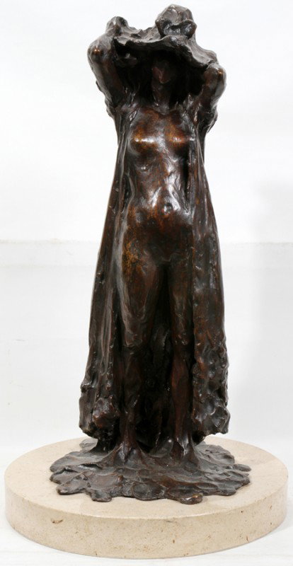 PAUL SUTTMAN, BRONZE SCULPTURE, 1967, H. 24": PAUL SUTTMAN, BRONZE SCULPTURE, 1967, H. 24", "WOMAN WITH HAT": AMERICAN 1933-1993:Signed and dated at bottom verso; limited edition (see photo detail); brown patina; marble base.