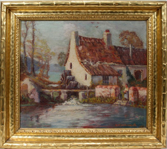 HENRY [H. C.] WILDERMUTH, OIL ON ARTIST BOARD,: HENRY [H. C.] WILDERMUTH, OIL ON ARTIST BOARD, 1938, 14" X 16", MILL BY A STREAM: AMERICAN 1877-1965:Signed and dated lower right and nicely framed.