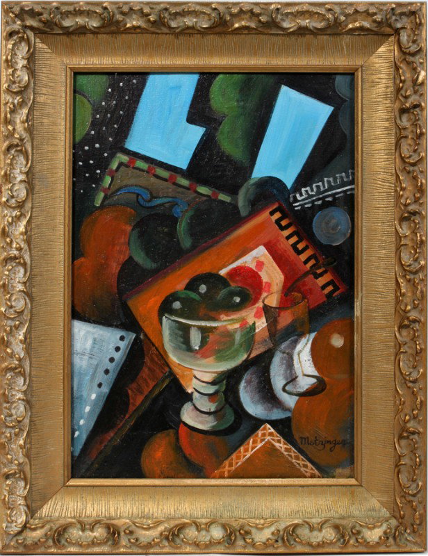 BEARS A SIGNATURE , "METZINGER", OIL/CANVAS, : BEARS A SIGNATURE READING, "METZINGER", OIL ON CANVAS, CUBIST SCENE, 12" X 17":