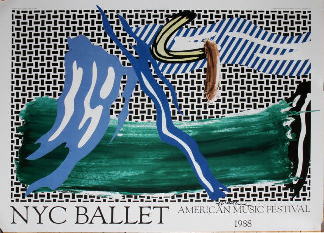 ROY LICHTENSTEIN POSTER NYC BALLET AUTOGRAPHED: ROY LICHTENSTEIN, POSTER, NYC BALLET, AUTOGRAPHED, 1988, 25" X 33":American Music Festival