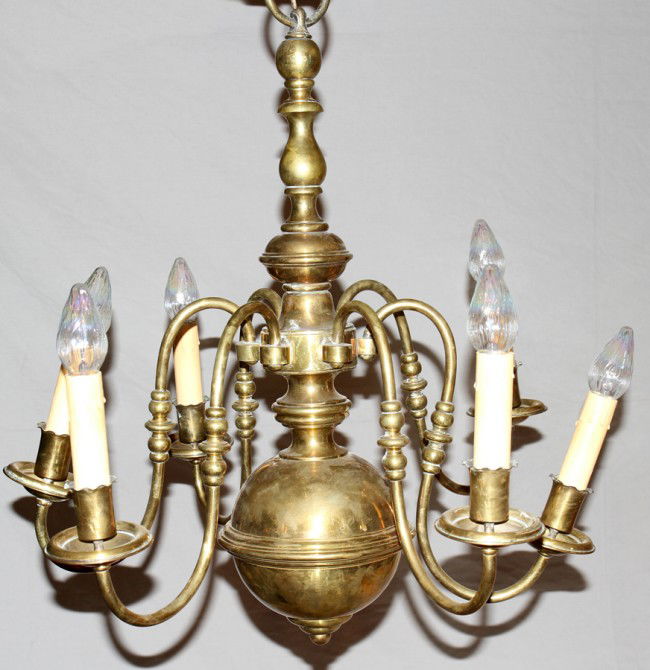 ENGLISH BRASS 6 LIGHT CHANDELIER H 31", DIA 29": ENGLISH BRASS 6 LIGHT CHANDELIER, H 31", DIA 29":Six arms. Circa 1910. From an Ellair Place, Grosse Pointe Park mansion.