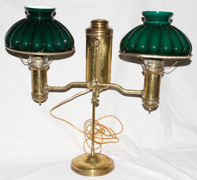 M.E.M. & CO. 'VESTAL' ANTIQUE STUDENT LAMP: M.E.M. & CO. 'VESTAL' ANTIQUE STUDENT LAMP WITH TWO GREEN GLOBES, CA. 1860, W 28":oil lamp has been converted to electricity.