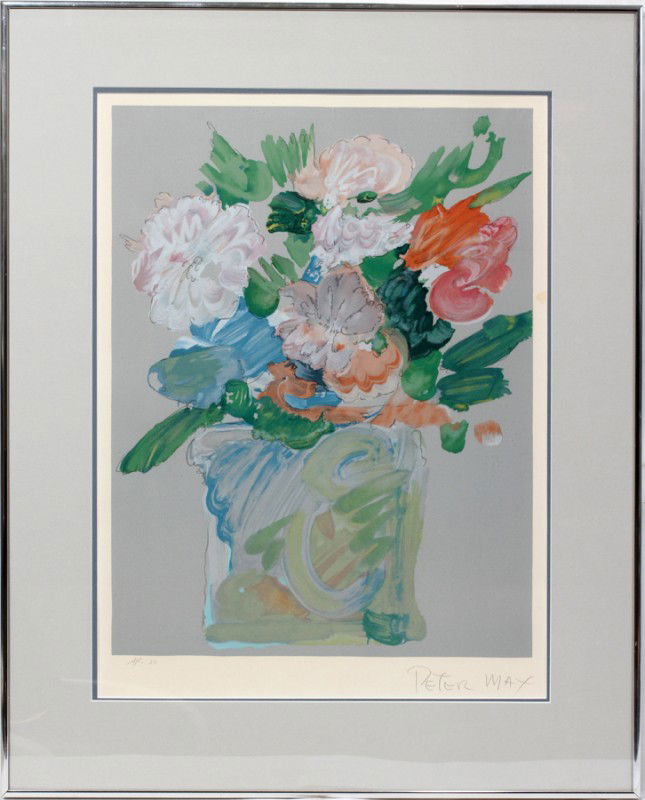PETER MAX, LITHOGRAPH 24" X 20" "FLOWERS": PETER MAX, LITHOGRAPH 24" X 20" "FLOWERS":Pencil signed. Artist Proof #33. . Printer: The American Atelier", printed July 1976. Purchased from Circle Gallery. P2300