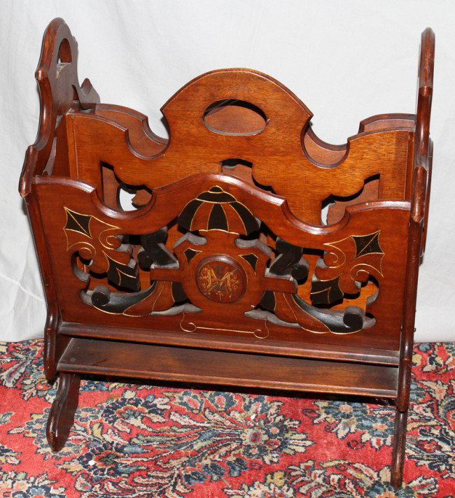 VICTORIAN STYLE WOOD OVERSIZED MAGAZINE RACK, : VICTORIAN STYLE WOOD OVERSIZED MAGAZINE RACK, H 25", L 21", D 14":