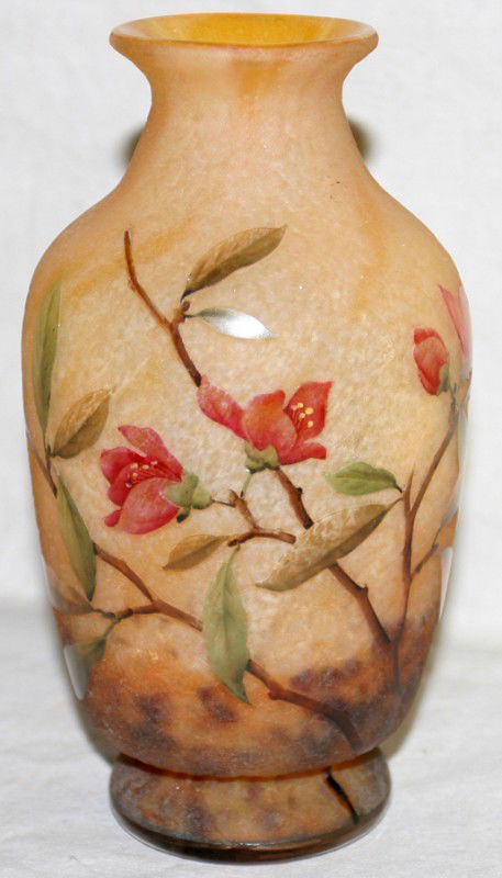 DAUM NANCY ENAMELED ART GLASS VASE, H 7": DAUM NANCY ENAMELED ART GLASS VASE, H 7":Enamel spray design against a frosted ground; signed.