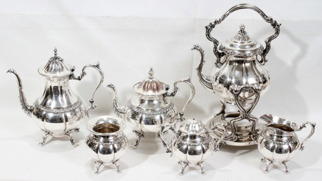 SILVER PLATE COFFEE & TEA SERVICE, : SILVER PLATE COFFEE & TEA SERVICE, FIVE PIECES WITH NOT MATCHED TEA KETTLE SIX PIECES:Including 1creamer, 1 covered sugar bowl, 1 waste bowl, 1 tea pot, 1 coffee pot and 1 not matched hot water kettle