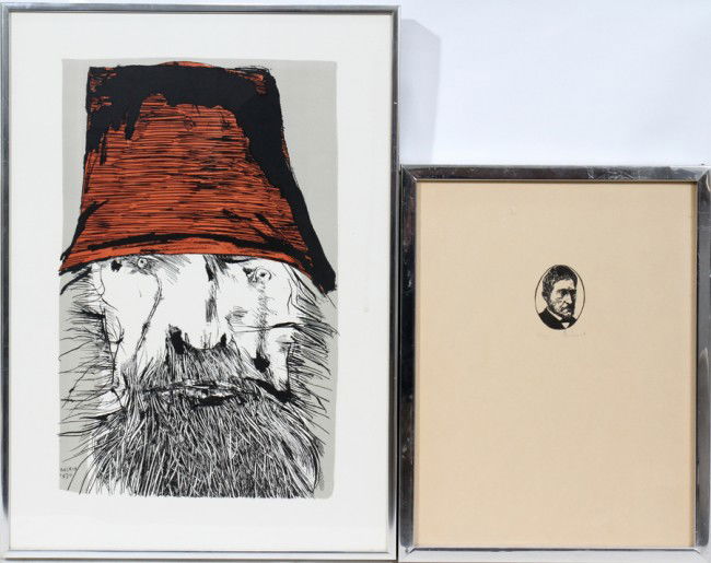 LEONARD BASKIN, WOODCUTS, 2, BEARDED MAN, 15": LEONARD BASKIN, WOODCUTS, 2, BEARDED MAN, 15" X 9 1/2" & "THOMAS EAKINS", 2 1/4" X 1 3/4":Portrait of Eakins is pencil signed, numbered 163/175 and has a Garelick's Gallery label. Bearded man with red