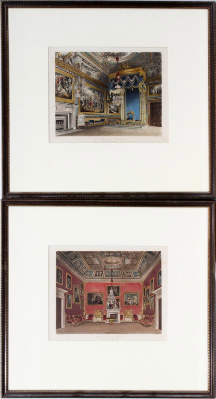 T. SUTHERLAND, PAIR OF COLOR INTAGLIO PRINTS : T. SUTHERLAND, PAIR OF COLOR INTAGLIO PRINTS AFTER J. P. STEPHANOFF & C. WILD, 8" X 10", ROOM SCENES:"Second Drawing Room, Buckingham House" and "The King's Audience Chamber, Windsor Castle".