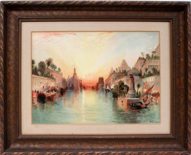 AFTER THOMAS MORAN CHROMOLITHOGRAPH, 10" X 14": AFTER THOMAS MORAN (AMERICAN 1837-1926), CHROMOLITHOGRAPH, 10" X 14" IMAGE SIZE:Hanging gardens of Babylon. Signed on the matt and inscribed with title in pencil.