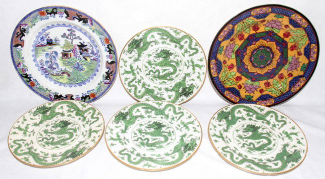 ENGLISH ANTIQUE PORCELAIN & IRONSTONE PLATES,: ENGLISH ANTIQUE PORCELAIN & IRONSTONE PLATES, SIX, DIA 8"-10":Including a set of 4 green dragon pattern, antique, Dia.8 1/2", not marked; 1 Royal Doulton plate, D 4550, Dia.10 1/2"; and 1 ironstone pl