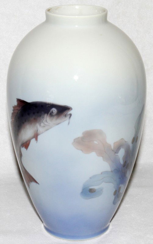 ROYAL COPENHAGEN PORCELAIN VASE, H 9": ROYAL COPENHAGEN PORCELAIN VASE, H 9":hand decorated with a fish; number 258 - 47D (see additional photo). From the Estate of Pearl McKenney, Grosse Pointe Farms.
