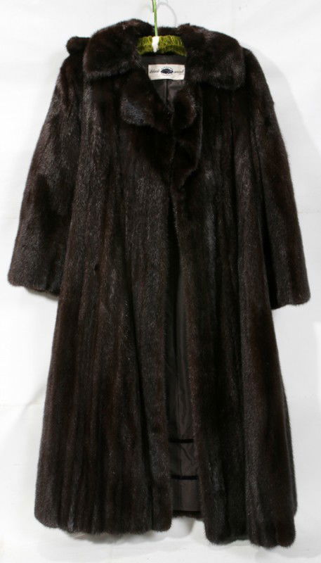 BLACK DIAMOND MINK COAT WITH HOOD, L 42": BLACK DIAMOND MINK COAT WITH HOOD, L 42":A full-length mink coat with removable hood, notch lapel, two hook closures, and slit pockets. Length from shoulder to hem 42" approximately, sleeve length 20