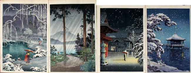 AFTER TSUCHIYA KOITSU, WOODBLOCK PRINTS, FOUR, : AFTER TSUCHIYA KOITSU, WOODBLOCK PRINTS, FOUR, 14" X 9 1/2":Four images, none framed, includes "Ukimido Katada" which also has "Hotel Rakuyo Souvenir Shop Marubutsu Dep. Store Kyoto Japan Tel 5 (encir