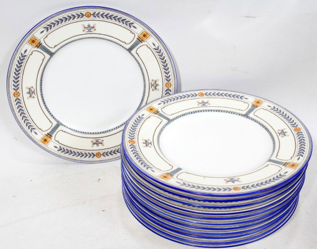 MINTON 'CORINTH-BLUE' PORCELAIN DESSERT PLATES: MINTON 'CORINTH-BLUE' PORCELAIN DESSERT PLATES, TWELVE, DIA 7 5/8":Each is decorated with blue accents with urn, column and leaf motifs. Marked with trademark along with pattern name on the underside.