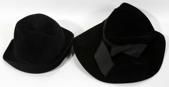BLACK VELVET HATS, TWO: BLACK VELVET HATS, TWO:One Top Hat, one Floppy hat with black band around crown, Hudson original boxes. M