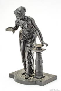 EUTROPE BOURET (FRENCH 1833-1906) PATINATED BRONZE SCULPTURE, PARIS, 19TH C., H 11", W 6", D 5",: EUTROPE BOURET (FRENCH 1833-1906) PATINATED BRONZE SCULPTURE, PARIS, 19TH C., H 11", W 6", D 5", GRECIAN WOMAN Having a black patina. Depicting a Grecian woman holding a letter and standing near a